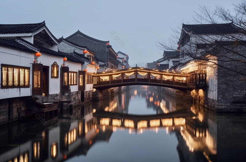 淡蓝色江南水乡古镇夜景实拍美景,高清,摄影图,摄影图片,图片大全,摄影图免费下载